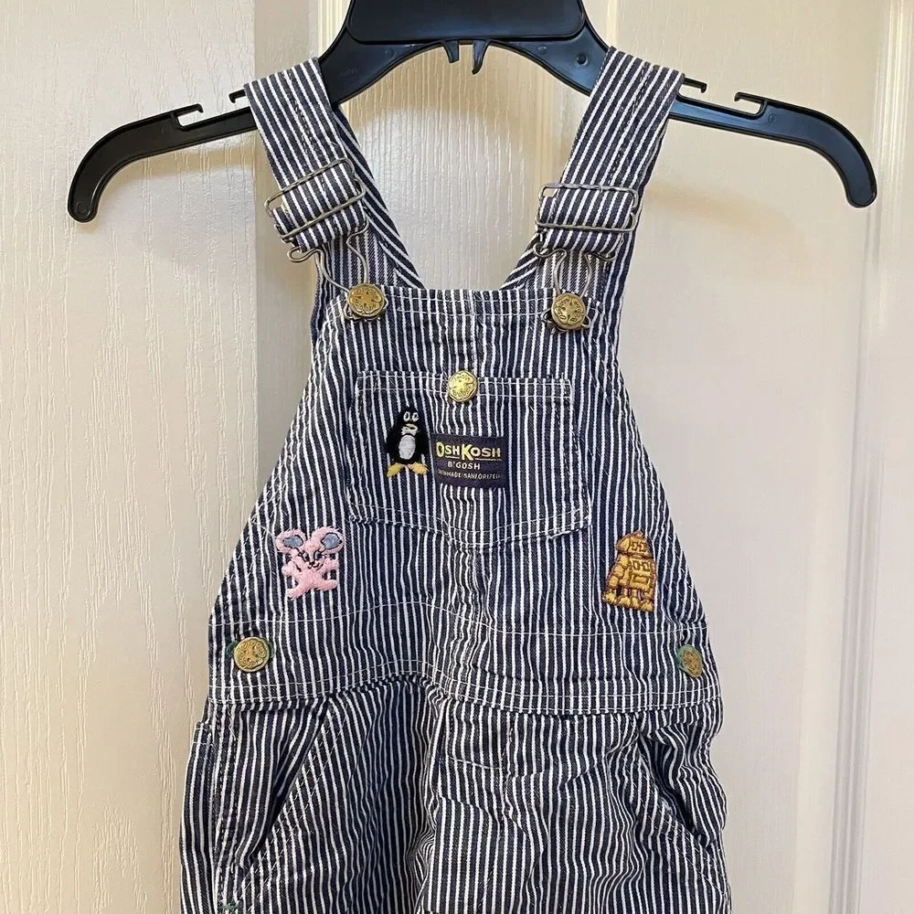 Vintage Oshkosh B'Gosh Kids Union Made Sanforized Overalls Blue Railroad Striped